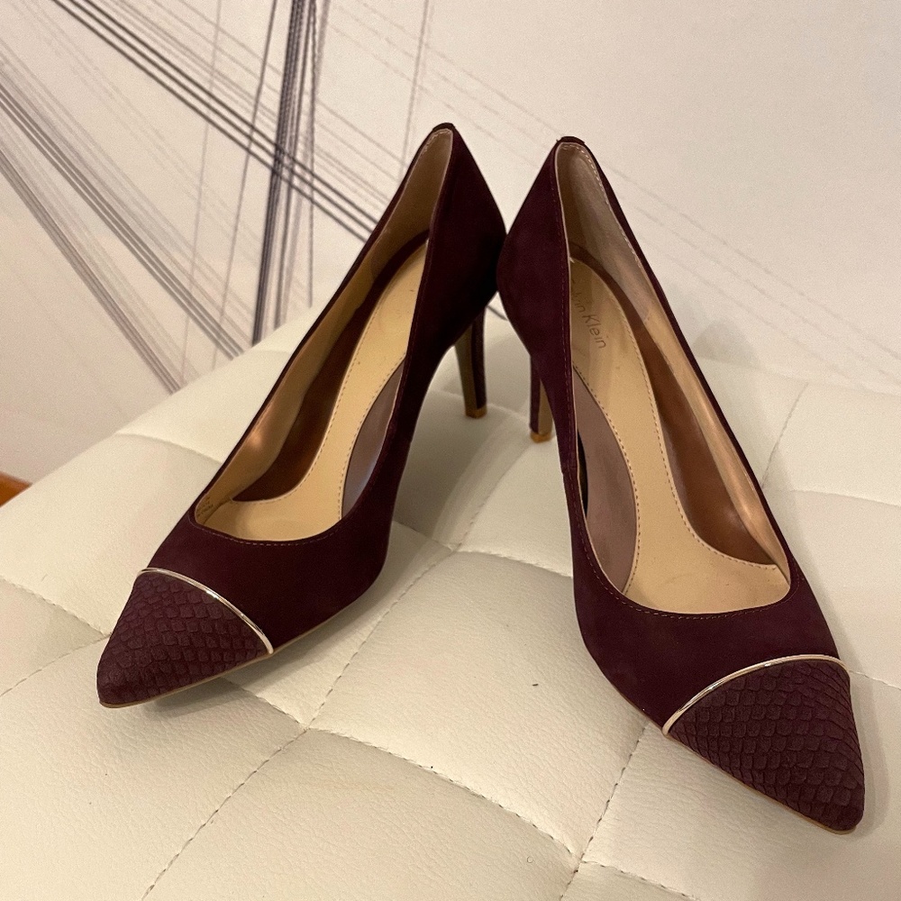 Calvin Kline Plum Suede/Faux Snake Skin on Pointed Toe Heels